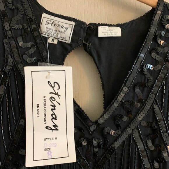 Stenay Beaded Vintage Black Silk Dress Size 8 V-Neck Back Zip NWT - Picture 3 of 9